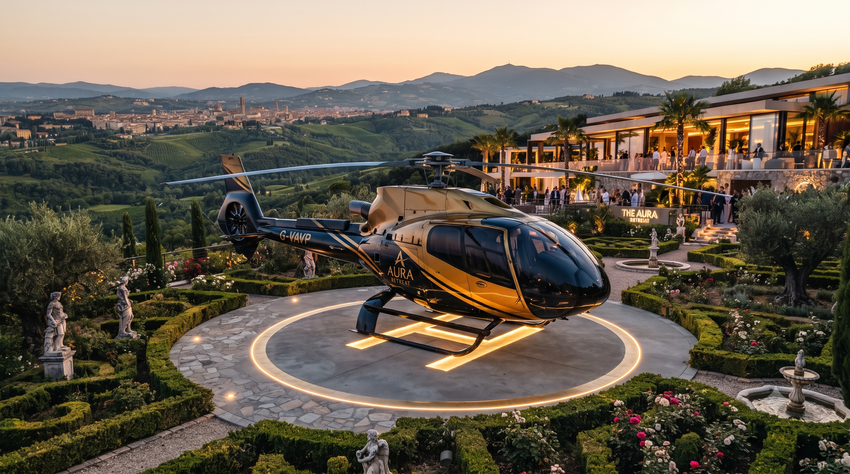 Private helicopter arriving on the grounds